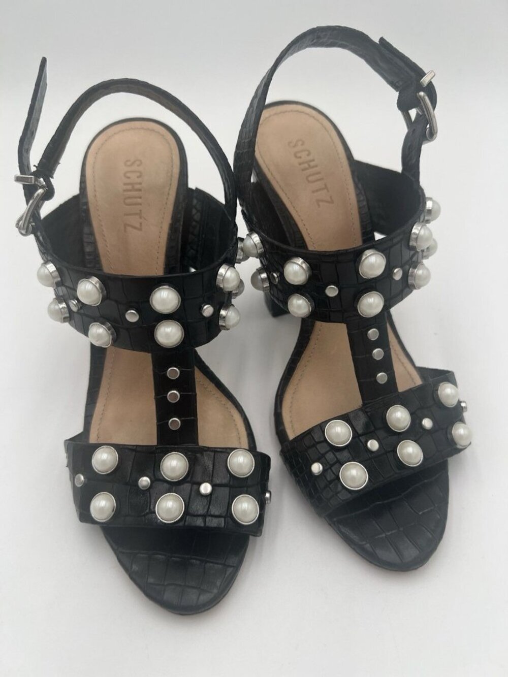 Schutz Zarita Sandals 8B Black Croc Embossed Leather Pearl Stud Slingback Heels - Picture 2 of 15